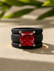 3PCS Large Red Square Cut Synthetic Zirconia Black Silicone Ring Set, Suitable For Daily Wear, Weddings, Valentine's Day, Anniversaries, And Gifts - Black Silicone - Red Square - View 5