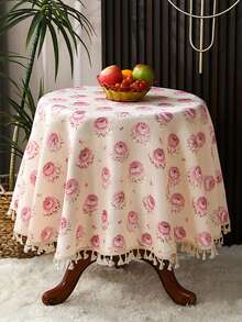 1pc Vintage Pink Rose Floral Print Tassel Round Tablecloth, French Country Style Decorative Tablecloth, Suitable For Dining Table, Home Kitchen, Party Decoration - Pink - View 4