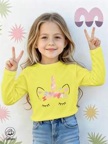 Girls Cotton Raglan Long Sleeve Tee For Fall Winter, Cartoon Unicorn Print With Closed Eyes And Floral Decor, Cute Sweet Preppy Style - Bright Yellow - View 2