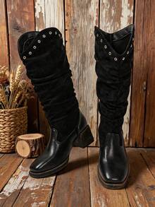 1 Pair Women's Square Toe Chunky Heel Black Patchwork High Shaft Casual Fashion Boots - Black - View 7