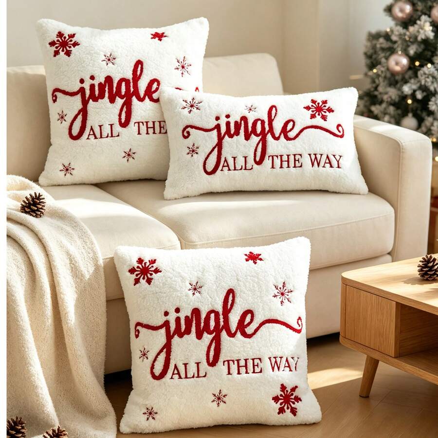 LCUHPCL 1pc Christmas Jingle All The Way And Snowflake 3D Embroidered Plush Pillowcase, Home Decor For Sofa, Bedroom, Living Room, Daily Use, Party And More