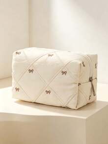 1pc/2pcsChic Style Quilted Cosmetic Pouch, Rectangular Box‑Shaped, Diamond Stitching With Bow Embroidery Detail, Zipper Closure, Cosmetic Storage, Travel Toiletry Bag, Suitable For Daily Makeup Organizing, Weekend Trip, Business Travel, All Season - Multicolor - View 5