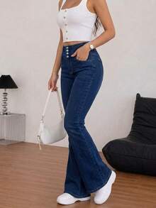 Women Single-Breasted Buttoned Flared Jeans, Slim Fit And High Elasticity Casual Spring Fall - Dark Wash - View 5