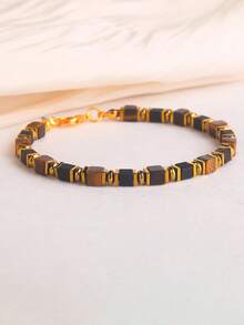 Vintage Men's Tiger Eye & Obsidian Square Bead Bracelet, Wealth, Prosperity & Luck Bohemia Minimalist Jewelry Gift, Suitable For Daily Wear / Holiday - Multicolor - View 5
