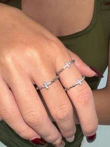 3pcs Women's Ring Set, Silver-Tone Copper Material, Cross Inlaid CZ Open Design, Simple Fashion Versatile Jewelry Suitable For Daily Wear, Gatherings And Parties - Silver - View 2
