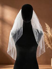 1pc Multi-Layer Tulle Faux Pearl Decor Short Veil With Hair Comb, Bridal Wedding Ceremony, Bachelorette Party, Wedding Photography Accessory - White - View 5