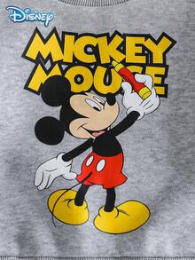 2pcs Disney Autumn Baby Boy Fleece Mickey Letter Print Cute Long Sleeve Ribbed Sweatshirt Grey Stitch Sweatpants Set Cartoon Pattern Slight Elastic Suitable For Infants Newborns Daily Wear Spring Gift - Grey - View 5