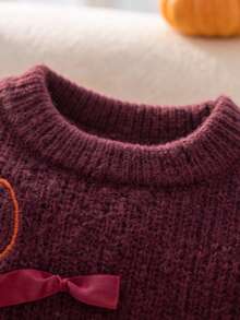 Tween Girl Pumpkin Embroidery Bow Decor Round Neck Sweater - Multicolor - View 3
