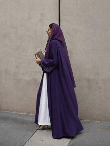 Hafizah Women's Striped Embroidered Robe & Headscarf 2 Pieces Set - Violet Purple - View 5
