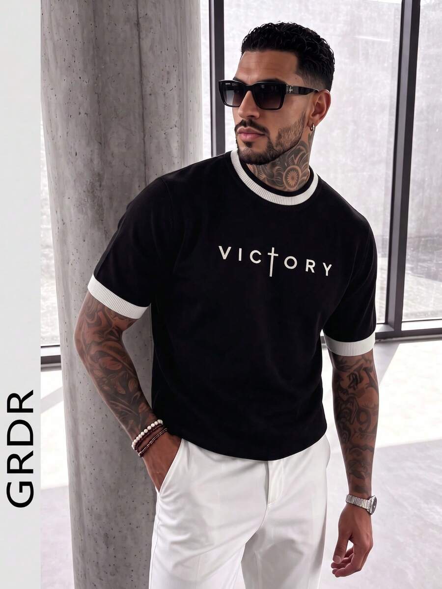 GRDR Men's New Embroidered English Letter Crew Neck Short Sleeve Contrast Color Premium Comfortable Knit Top - Black - View 1