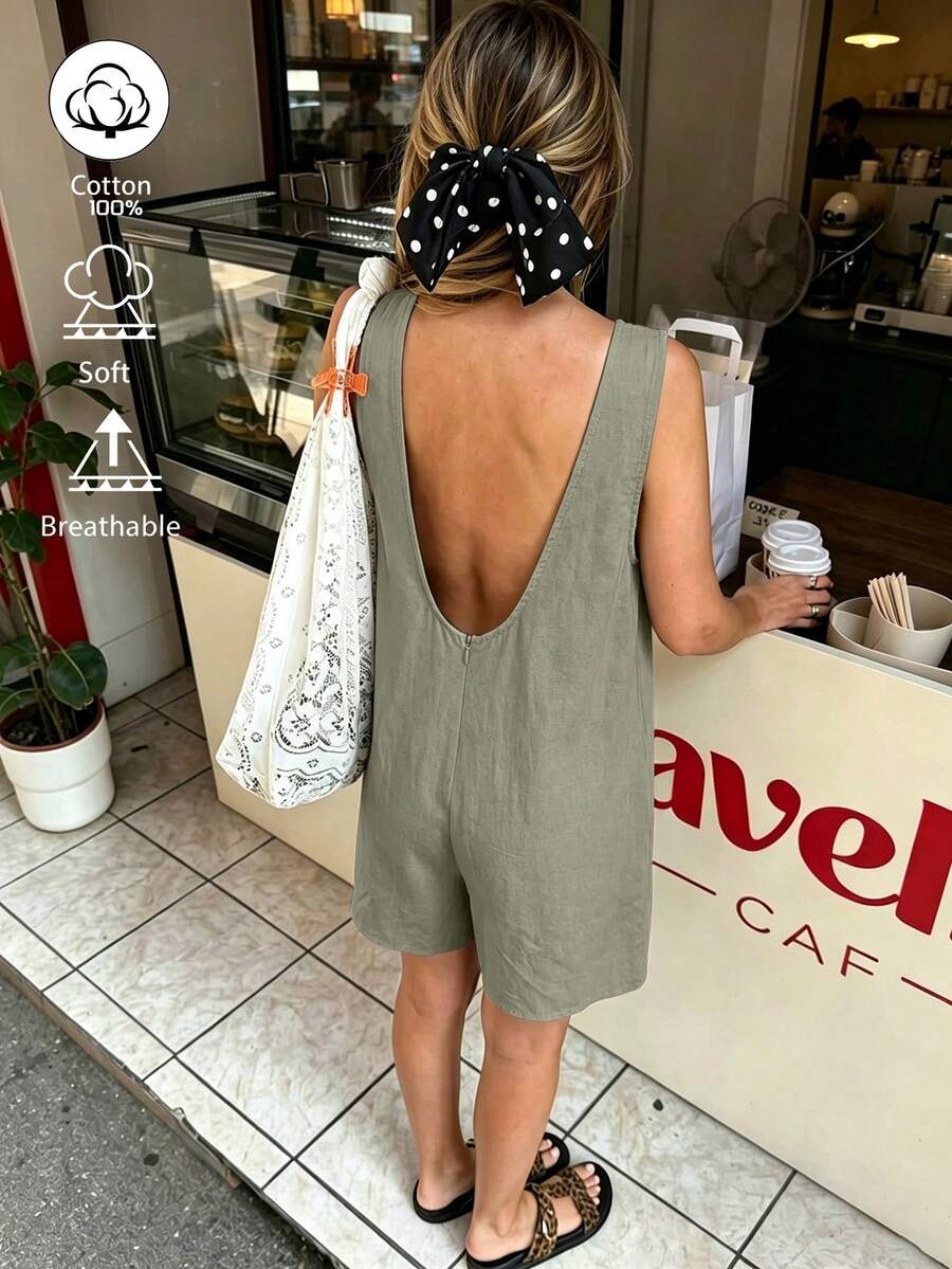 DORISS 夏季杏色無袖寬鬆短版連身褲 棉麻材質 休閒街頭工作旅行連身褲