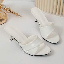 Women's Beach & Home Casual Sandals, Thin Heel Minimalist One-Strap Slide, Open Toe Soft Leather Mid-Heel Round Toe Versatile Slippers, Fashion PU Leather For Wedding & Party - White - View 4