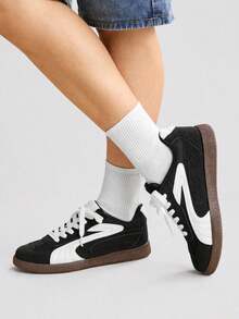 TCVC Brown And White Colorblock Low-Top Retro Sneakers, Comfortable Breathable Flat Casual Training Shoes, Women's - Black - View 7