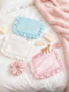 Satin Polka Dot Makeup Bag Ruffle Trim Cosmetic Pouch, Aesthetic Travel ...