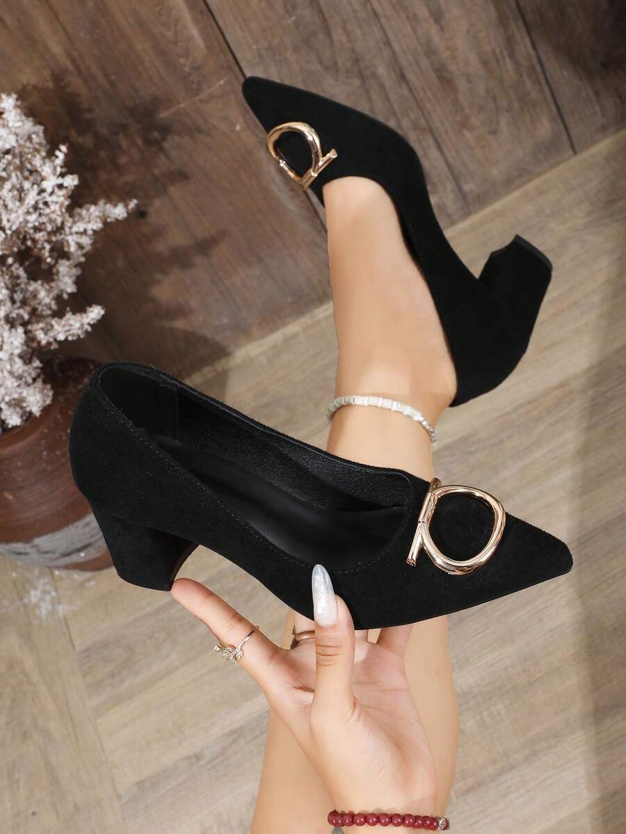 Spring/Autumn New Women's Square Toe Low-Cut Suede Chunky Heel High Heels With Metal Buckle, Versatile Fashionable Elegant - Black - View 1