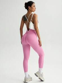 Women's Seamless Yoga-Style Jumpsuit With Built-In Chest Pads, Pink Ribbed Fabric, Criss-Cross Deep V-Neck Hollow Design, Suitable For Daily Wear - Pink - View 9