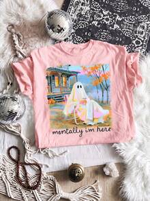 Summery Halloween Ghost Shirt With Sublimation Print "My Heart Is Here", Graphic T-Shirt For Halloween Fans, Funny T-Shirt For Autumn. - Pink - View 1