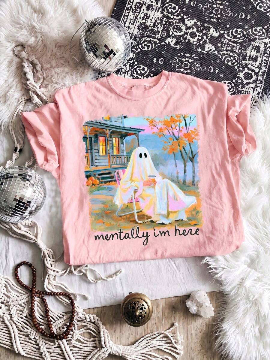 Summery Halloween Ghost Shirt With Sublimation Print "My Heart Is Here", Graphic T-Shirt For Halloween Fans, Funny T-Shirt For Autumn. - Pink - View 1