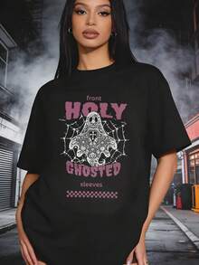 Whimsical Goth Women's Crew‑Neck Tee, Lace‑Texture Ghost With Cobweb Graphic, Bold Faded Letter Print, Short‑Sleeve Top For Dark Casual Looks - Black - View 2