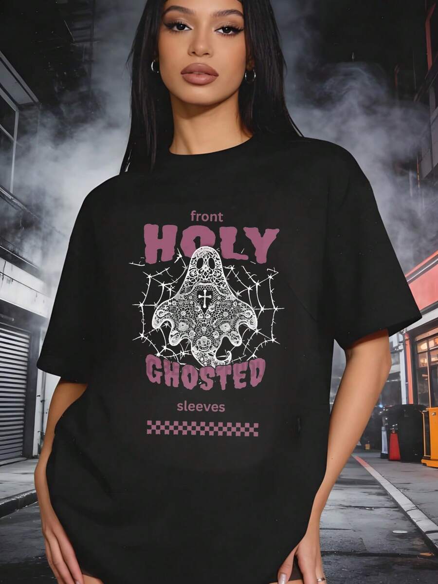 Whimsical Goth Women's Crew‑Neck Tee, Lace‑Texture Ghost With Cobweb Graphic, Bold Faded Letter Print, Short‑Sleeve Top For Dark Casual Looks