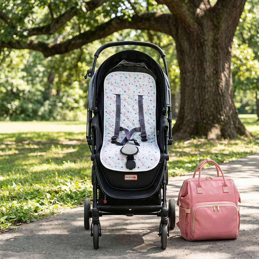 1pc Quilted Printed Thin All-Season Breathable Comfortable Soft Skin-Friendly Baby Stroller Seat Cushion - White Flamingo - View 1