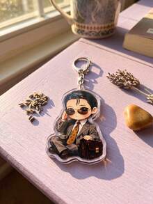 1Pc/7Pcs K-Pop Themed Acrylic Keychains, Featuring Chibi Sitting Members Wearing Suits And Fashion Glasses With Unique Prop Designs, Fashionable Bag Charms, Suitable For Back To School, Gift For K-Pop Fans, Exquisite Collectibles, All Season - Multicolor - View 12