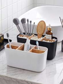 1pc 5-Slot Black Plastic Toothbrush Holder With Dividers - Lightweight Freestanding Bathroom Organizer, Suitable For Electric Toothbrushes, Toothpaste And Razors, Can Be Placed On Countertop, Bathroom Storage Organizer, Countertop Storage Rack, Lightweight Freestanding Bathroom Storage Rack, Modern Bathroom Accessory, Durable - Multicolor - View 1