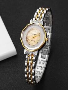 Women's Luxury Rhinestone Studded Digital Dial Quartz Watch, Elegant Two-Tone Alloy Band Wristwatch, Gift For Girlfriend (1pc/Set) Watch Box Not Included - Multicolor - View 6
