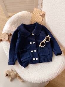 Sweater Rajut Lengan Raglan Warna Polos Gaya Preppy untuk Bayi Laki-laki, Cocok untuk Sekolah, Aktivitas Sehari-hari, Musim Semi, Gugur, dan Musim Dingin. - Navy Blue - View 1