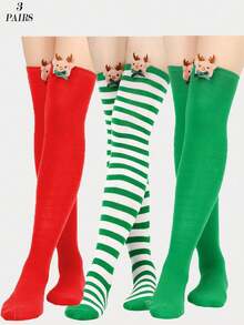 4/3/1 Pairs Christmas Striped Solid Color Bow Pom Pom Deer Head Green Red Cute Holiday Over Knee Thigh High Socks - Multicolor - View 19