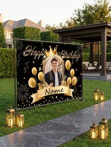 1pc - Customized Happy Birthday Backdrop, Large Size Personalized Birthday Banner Background, Can Print Name And Photo, Customized Black And Gold Theme Printed Poster, Shiny Black Background With Gold Glitter Elements, Celebrate 50th Birthday, Multi-Functional Party Tapestry Home Decor Personalized Birthday Party Customized Photo And Name Poster - Suitable For Party Decoration - Multicolor - View 7