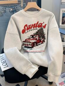 American Vintage Santa's Express Christmas Theme Sweatshirt, Casual Versatile Distressed Truck & Christmas Tree Graphic Crew Neck Autumn Top - White-gray - View 3