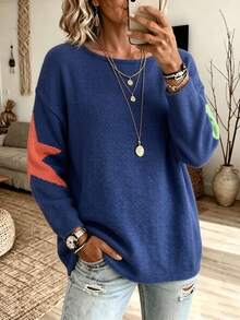 Plus Size Women Star Pattern Knit Sweater, Fall Winter Boat Neck Long Sleeve Color Block Loose Casual Pullover Top - Navy Blue - View 3