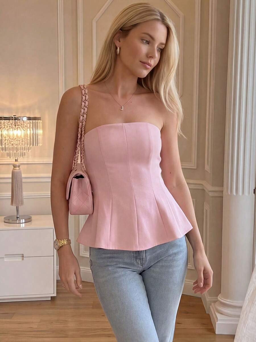 QUNGIGU Women's Bandeau Top With Flared Hem And Ruffle Trim, Elegant Summer Outfit For Outing, Date, Birthday Party - Pink - View 1