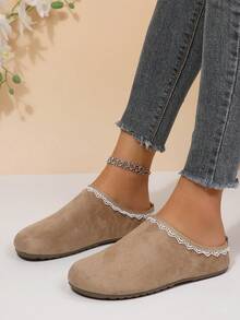 Vintage Lace Trim Closed Toe Slippers For Women, Slouchy Outdoor Wear Soft Sole Backless Shoes - Beige - View 2