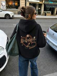 Oversized Women's Sweatshirt For Autumn/Winter, Long-Sleeve Hoodie With Pockets, Casual Top, Y2K Style, Daily Letter Graphic Print, Unisex, Black - Black - View 2