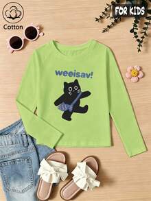 Girls Cotton Raglan Long Sleeve Tee For Fall Winter, Black Cat Print And Blue 'weeisav!' Text, Cute Sweet Preppy Style - Fruit Green - View 3
