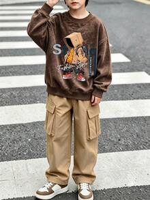 2pcs Set Suitable For Boys Big Kids, Washed Style Crew Neck Sweatshirt And Cargo Pants Outfit, Cartoon Character Print Crew Neck Sweatshirt And Cargo Pants Matching Set, Suitable For Autumn/Winter Daily And Sports Wear - Multicolor - View 11