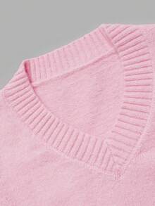 DONICY Women Elegant V Neck Ribbed Knit Sweater, Slim Fit Long Sleeve Top With Button Cuffs, Fall Pink Casual Knitted Pullover - Pink - View 4