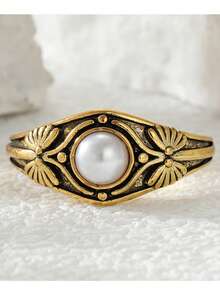 Gmzalx Vintage Embossed Ring With Faux Pearl Round Main Stone, Bohemian Style Handmade Fashion Jewelry For Women - Gold - View 4