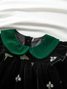1pc Baby Girl Peter Pan Collar Green Velvet Butterfly Daisy Embroidered Vintage A-Line Black Dress - Black - View 3