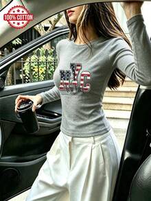 Women's Pure Cotton Long-Sleeve T-Shirt Casual Letter Print Tee For Fall Winter Basic Layering Top - Grey - View 2