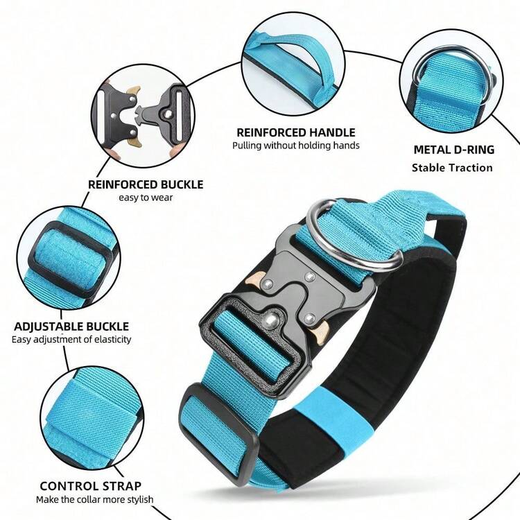 Adjustable Tactical Dog Collar With Handle, Suitable For Medium To Large Dogs, Thick Padded Comfortable Collar, Equipped With Sturdy Buckle And D-Ring, Suitable For Leash And Training - Blue - View 6