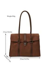 女款 Satchel 手提托特包，純色麂皮 PU 拼接材質，金屬鎖扣，長頂部手柄，大容量，復古風，適合辦公工作與日常通勤 - 咖啡 - 查看 12