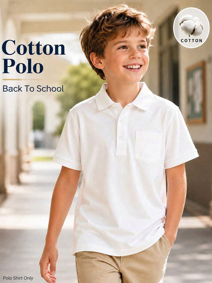男孩女孩款柔軟白色棉混紡短袖 Polo 衫，附胸前口袋，經典校服上衣，適合上學、日常穿著與團體活動 - 白色 - 查看 1