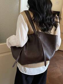 Solid Color Pleated Large Capacity Women's Shoulder Tote Bag, Vintage Fashion Versatile, Suitable For Women's Daily Use And Commuting - Coffee - View 4