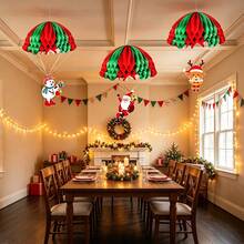 1set(3pcs)-/1set=9pcs Paper Honeycomb Hanging Decorations, Creative Parachute Shaped Honeycomb Hanging Ornaments For Christmas Scene Decoration, Valentine's Day, Wedding Season, Cupid Heart Red Romantic Hanging Decor, Happy New Year, Ceiling Hanging Decorations With Santa Claus, Snowman, Reindeer, Parachute Set To Enhance Party Atmosphere - Multicolor - View 3