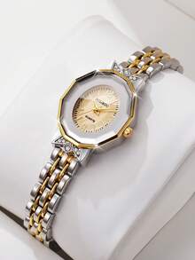 Women's Luxury Rhinestone Studded Digital Dial Quartz Watch, Elegant Two-Tone Alloy Band Wristwatch, Gift For Girlfriend (1pc/Set) Watch Box Not Included - Multicolor - View 1