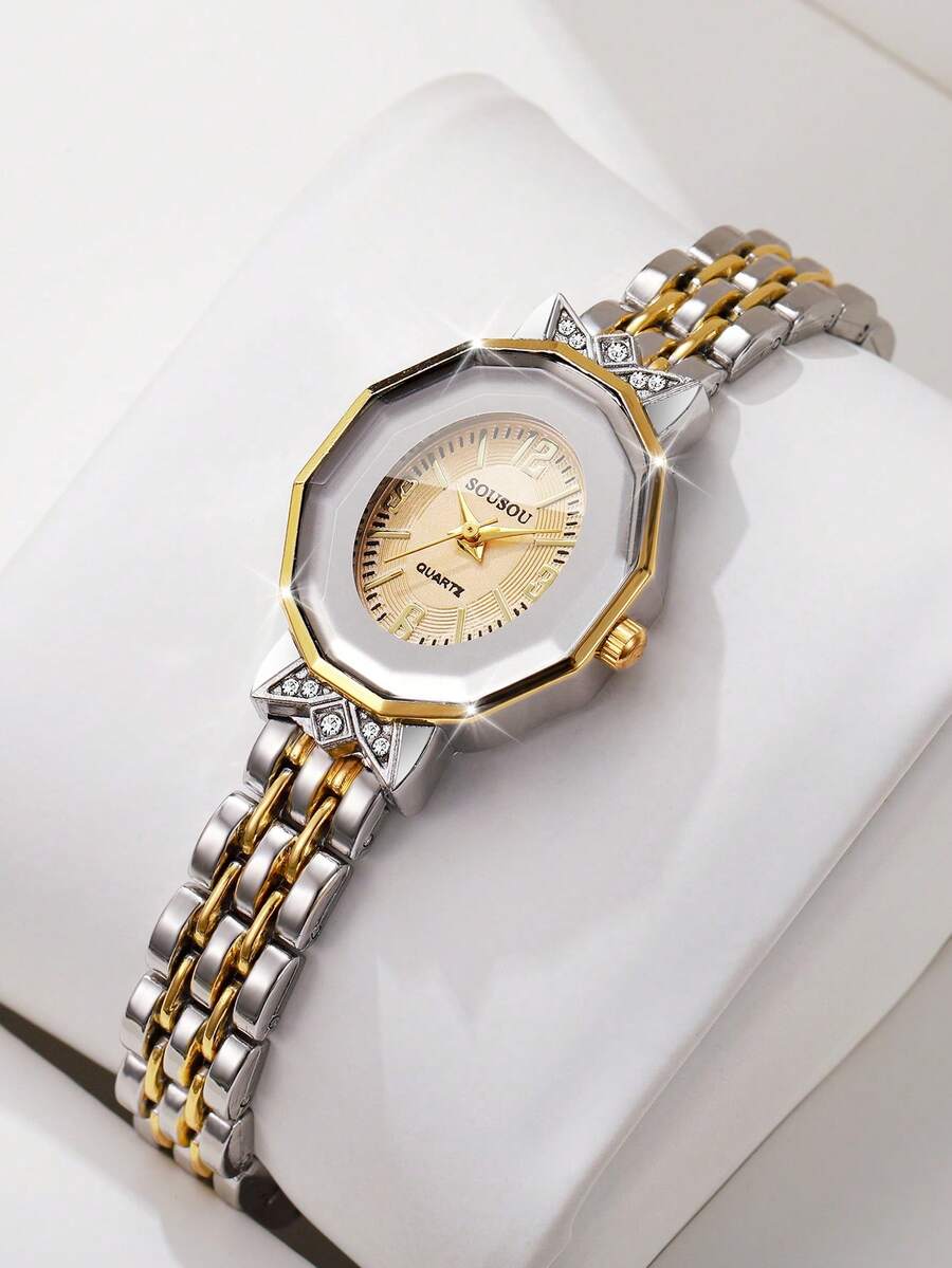 Women's Luxury Rhinestone Studded Digital Dial Quartz Watch, Elegant Two-Tone Alloy Band Wristwatch, Gift For Girlfriend (1pc/Set) Watch Box Not Included - Multicolor - View 1