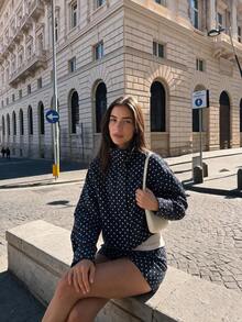 Women's French Vintage Polka Dot Stand Collar Short Jacket, Casual Navy Blue Contrast Color Top, Suitable For Spring And Autumn - Blue - View 1
